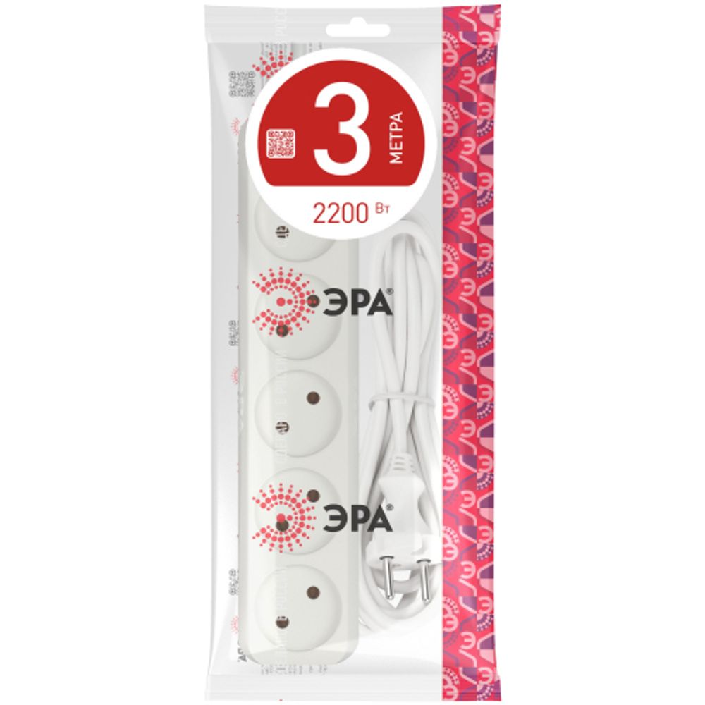 Удлинитель электрический ЭРА U-5-3m-2x1 без заземления 5 розеток 3м ПВС 2x1мм2 10А
