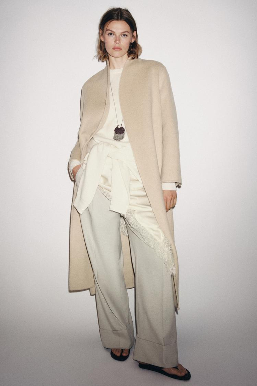 ZARA МИНИМАЛИСТИЧНОЕ ПАЛЬТО ИЗ СМЕСОВОЙ ШЕРСТИ — ZW COLLECTION LIMITED EDITION, БЕЖЕВЫЙ