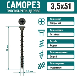 Саморез Rizzel 3,5х51 по дереву фосфатированный (250 шт)