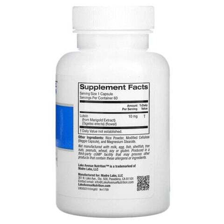 Лютеин, зеаксантин Lake Avenue Nutrition, Лютеин, 10 мг, 60 растительных капсул