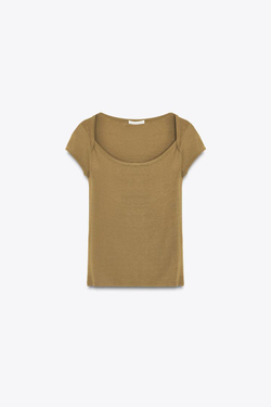 ZARA ФУТБОЛКА С КВАДРАТНЫМ ВЫРЕЗОМ, ЗЕЛЕНОВАТЫЙ