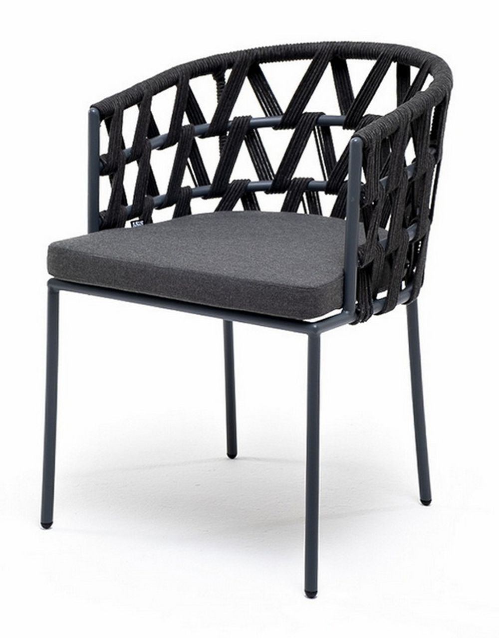 "Диего" стул плетеный из роупа, каркас из стали темно-серый (RAL7024) муар, роуп темно-серый круглый, ткань темно-серая 027