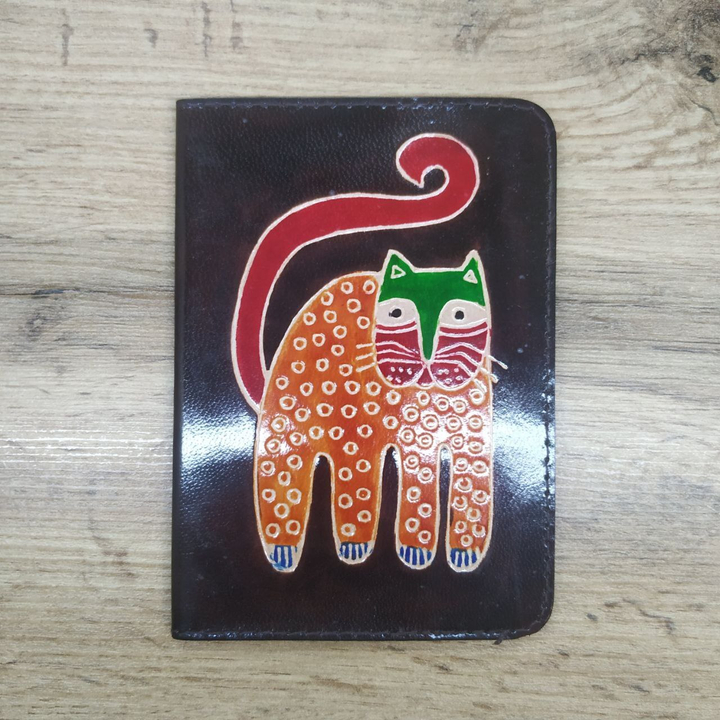 Обложка для паспорта вишневая, Кот оранжевый, спирали, кожа, ручной принт 10x14x1 см