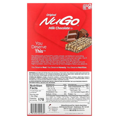 NuGo Nutrition, Original Bar, молочный шоколад, 15 батончиков, 50 г (1,76 унции)
