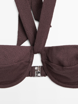 Massimo Dutti Топ бикини из рельефной ткани на косточках с завязками на горловине, коричневый