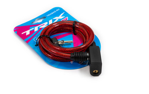 Замок велосипедный TRIX трос стальной, с ключами, 8×1000мм, в пластиковой оболочке, красный