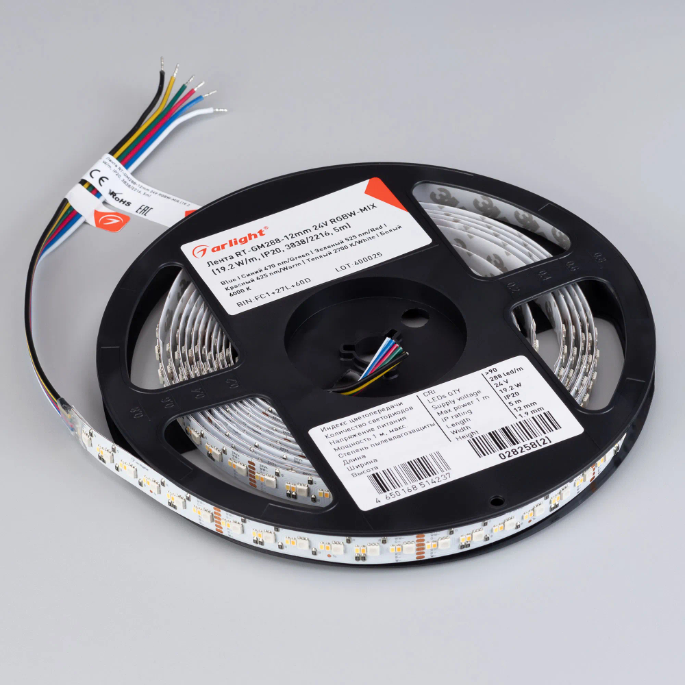 Светодиодная лента RT-GM288-12mm 24V RGBW-MIX (19.2 W/m, IP20, 3838/2216, 5m) (Arlight, Открытый) 028258(2)