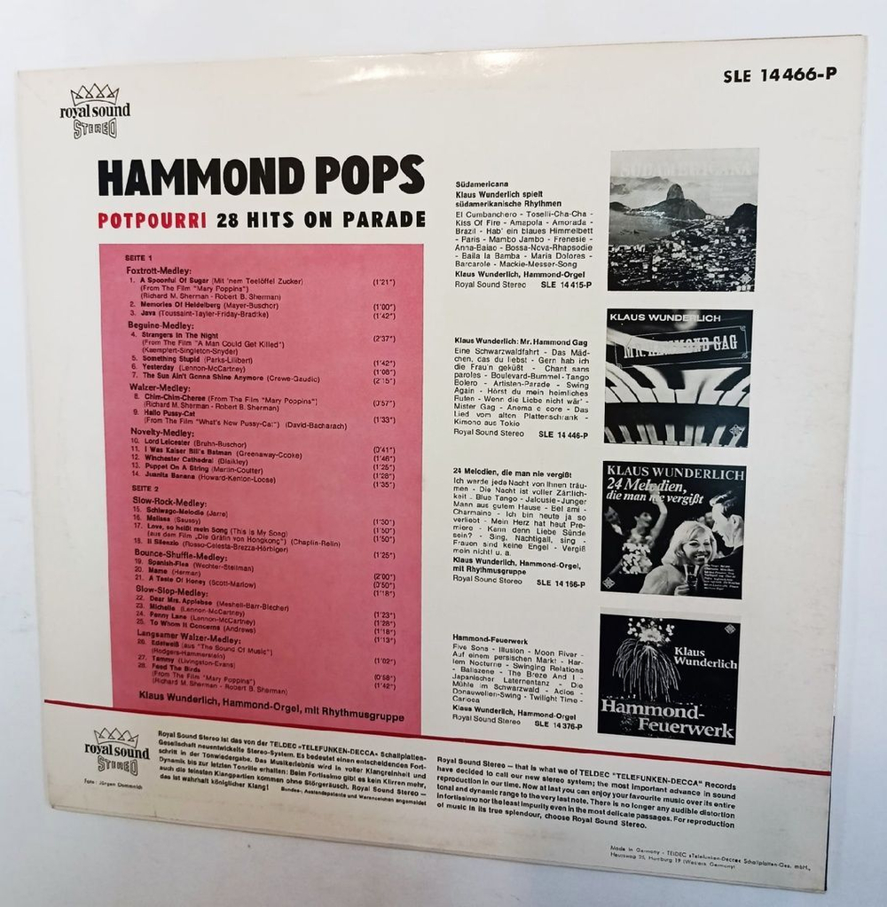 Винтажная виниловая пластинка Klaus Wunderlich Hammond Pops (28 Hits On Parade) (Germany 1967)