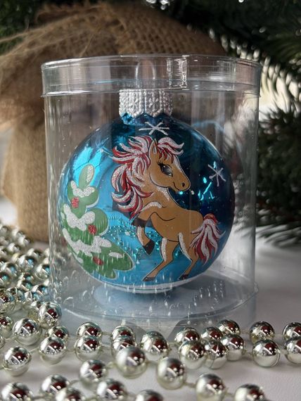 Стеклянный шар Лошадка 60 мм., бирюзовый, стекло, Ёлочка (С29-1/3)