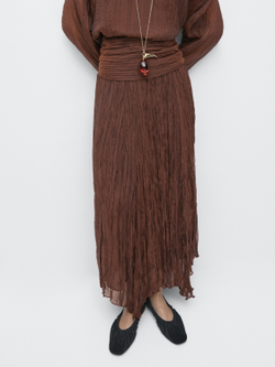 Massimo Dutti Плиссированная юбка-миди из органзы, карамельный