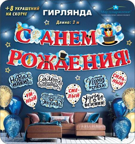Гирлянда С Днем Рождения! (пожелания), 200 см, 1 шт.