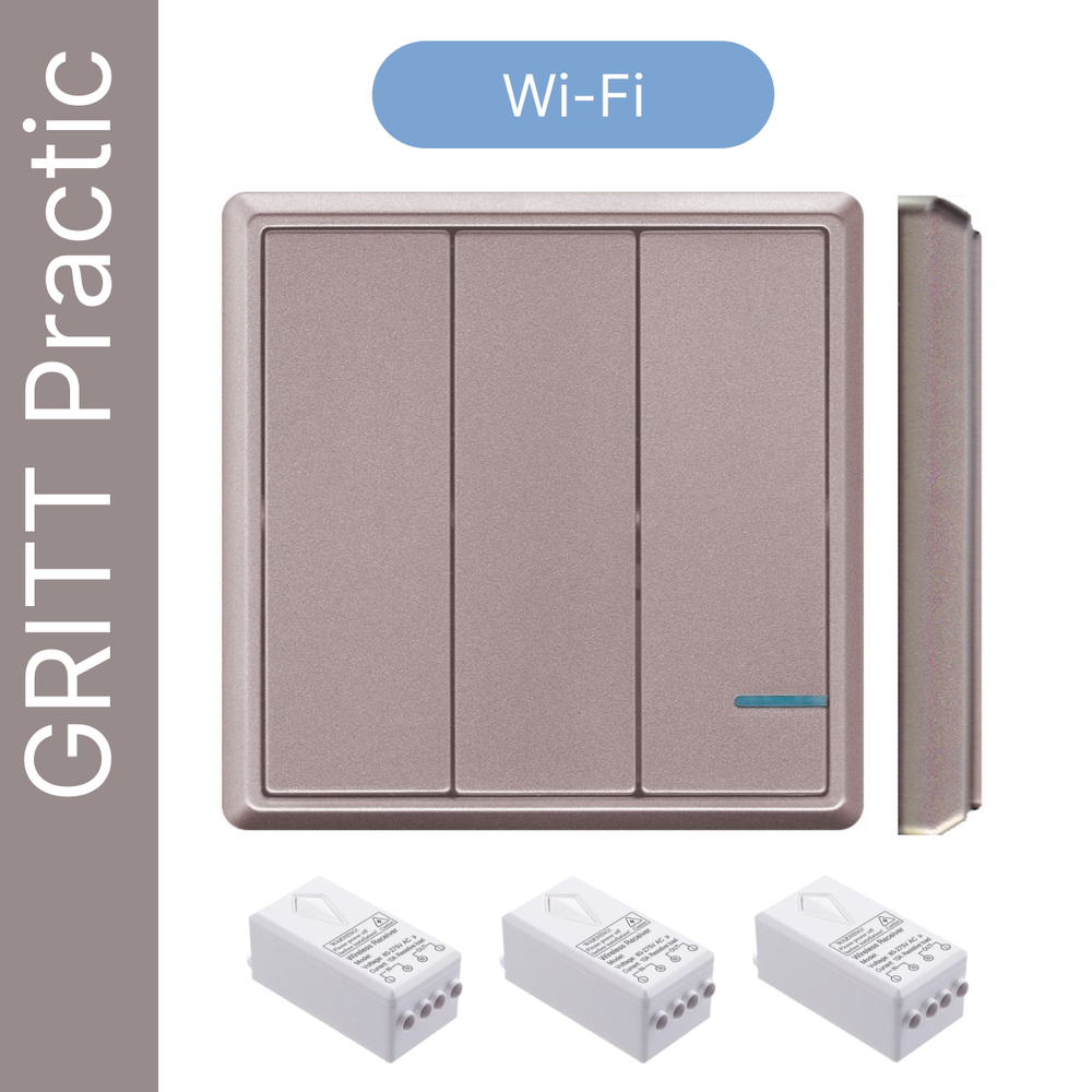 Умный беспроводной выключатель GRITT Practic 3кл. розовое золото комплект: 1 выкл. IP67, 3 реле 1000Вт 433 + WiFi с управлением со смартфона, A181303RGWF