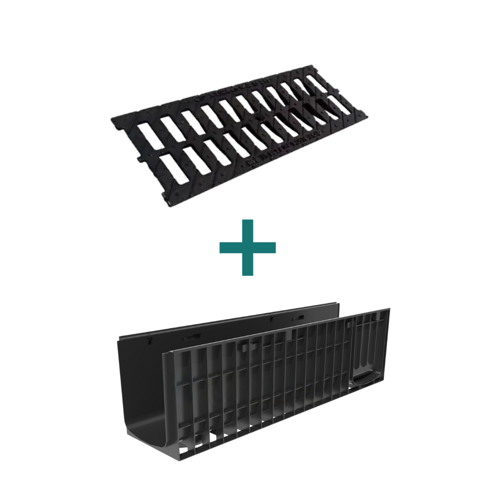 Комплект водоотводный Gidrolica Standart DN200: пластиковый лоток ЛВ-20.24,6.28,5 + чугунная щелевая решетка РВ-20.24.50, кл. C250