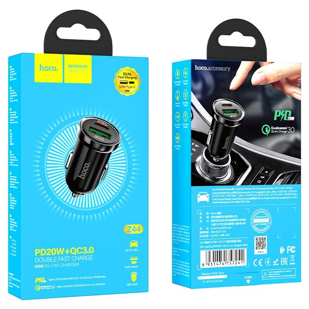 Автомобильный адаптер питания HOCO Z44 QC 3.0+PD (черный)