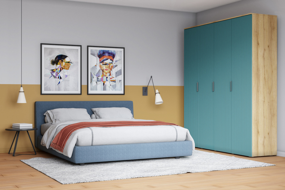 Распашной четырехсекционный шкаф Салерно 4 (МДФ) SF-013 Аквамарин Дуб Золотистый U1148 180*50*212 см, Зеленый   Фиеста