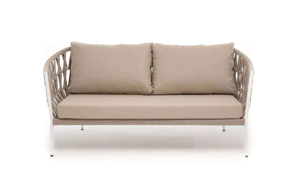 "Диего" диван 2-местный плетеный из роупа, каркас алюминий белый муар, роуп бежевый круглый, ткань бежевая 15052
