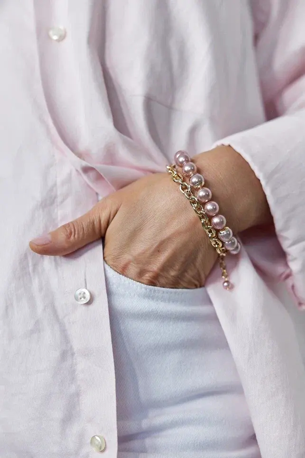 Браслет Твин 2 ряда розового жемчуга и цепь ролло, оттенок золото