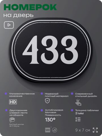 Номерок на дверь квартиры 433, для кабинета, офиса, шильдик 9 х 7 см, черный, Айдентика Технолоджи