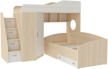 Двухъярусная кровать КарИВи  Кадет 2 с универсальной лестницей  Дуб Молочный Белое Дерево