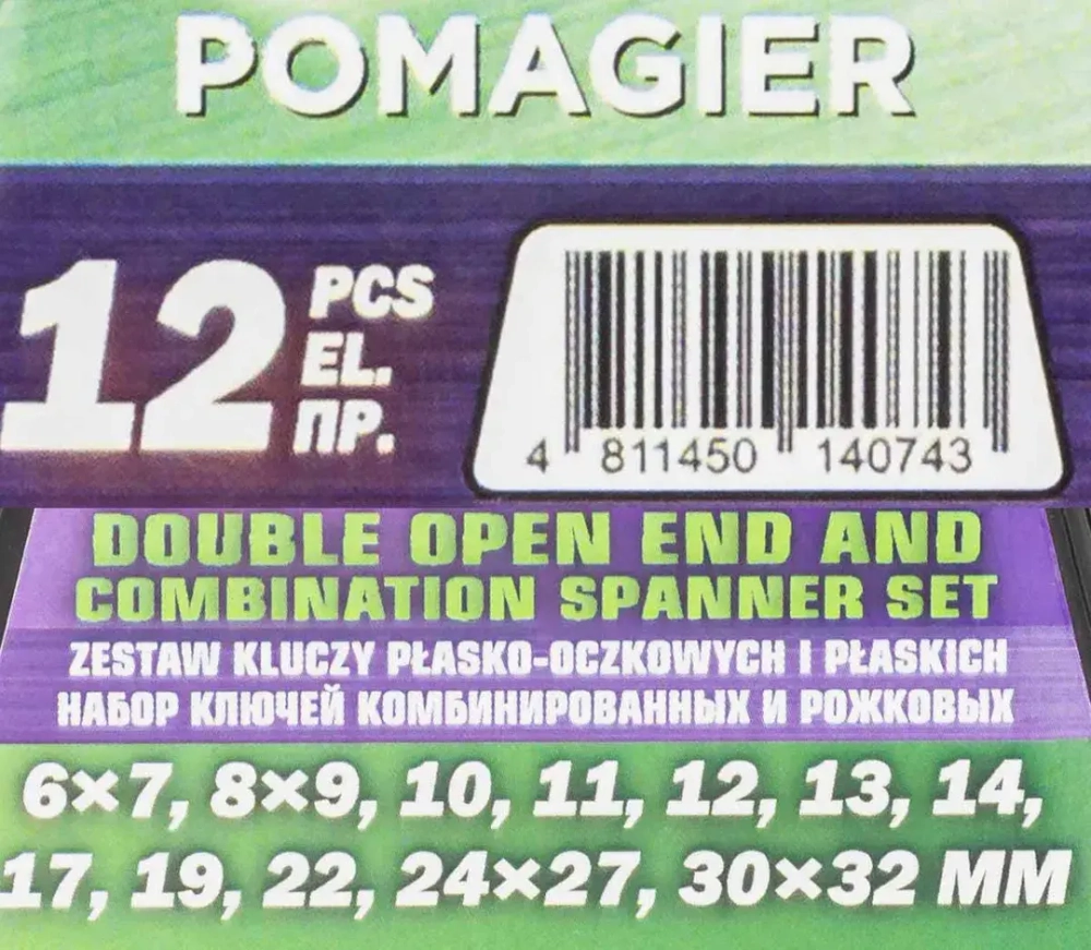 Набор ключей комбинированных и рожковых,12пр.(6х7,8х9,10,11,12,13,14,17,19,22,24х27,30х32мм),в пластиковом держателе POMAGIER POM-5198