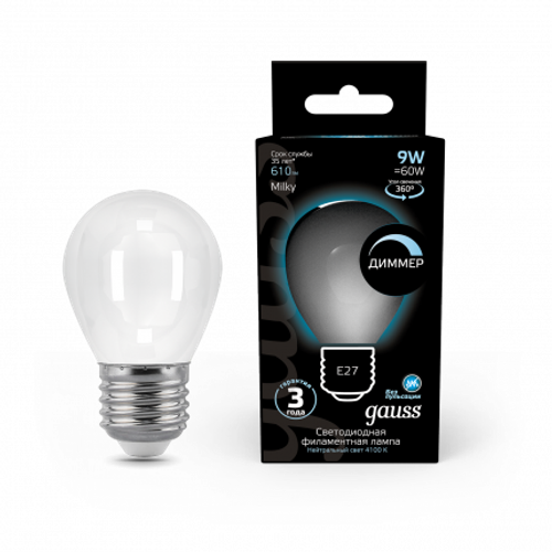 Лампа Gauss LED Filament Шар 9W E27 610 lm 4100K milky диммир.105202209-D