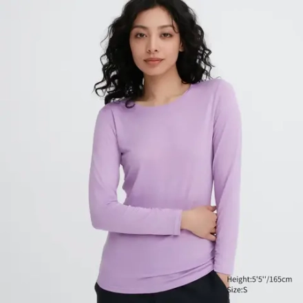 UNIQLO УТЕПЛЕННЫЙ ТОП С КРУГЛЫМ ВЫРЕЗОМ И ДЛИННЫМИ РУКАВАМИ, ФИОЛЕТОВЫЙ