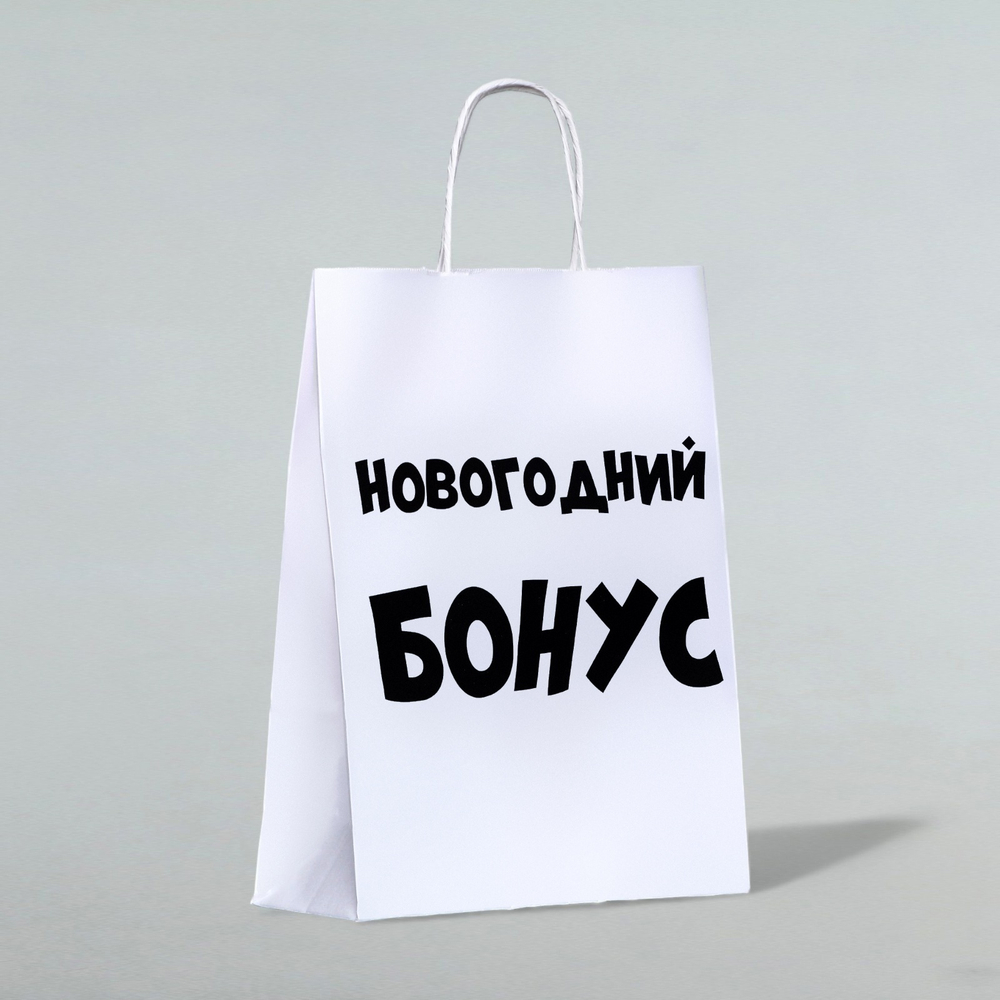 Пакет бумажный подарочный новогодний крафт «Новогодний бонус», белый, 28 х 24 х 14 см.