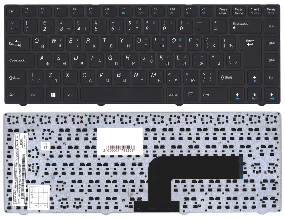 Клавиатура для ноутбука DNS Pegatron B14Y, Clevo W740  черная с рамкой