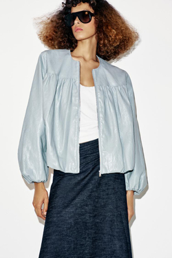 ZARA КУРТКА-БОМБЕР ИЗ ИСКУССТВЕННОЙ КОЖИ, НЕБЕСНО-ГОЛУБОЙ