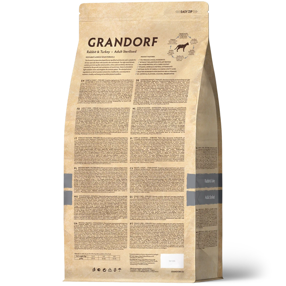 Grandorf Rabbit & Turkey, Adult Sterilized для стерилизованных кошек и кастрированных котов (Кролик с индейкой)