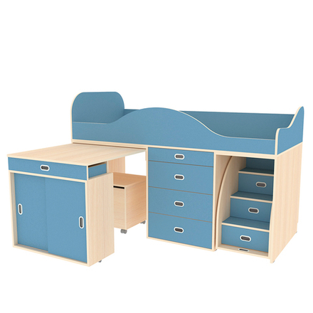 Кровать-чердак КарИВи Малыш Люкс  Дуб Молочный Светло-синий, голубой