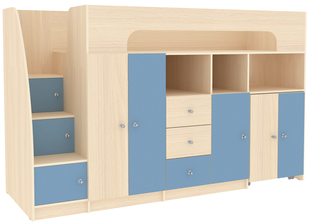 Кровать-чердак КарИВи Астра 11  Дуб Молочный Светло-синий, голубой