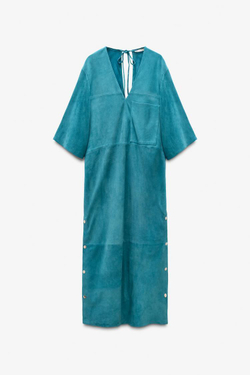 ZARA ДЛИННОЕ ПЛАТЬЕ-КАФТАН ИЗ ЗАМШИ, СИНИЙ