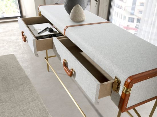 Консольный стол 3271 из шпона ореха и светло-серой ткани