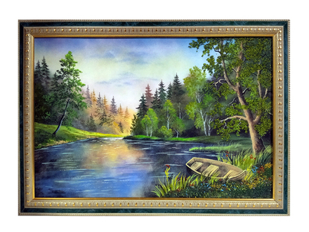 Картина "Утро на реке" рисованная уральскими минералами в пластиковом багете  47-7-67-2см