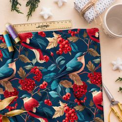 Ткань бифлекс  птичья жизнь в рябине