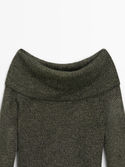 Massimo Dutti Свитер из трикотажа с открытыми плечами и блестящей нитью, черный