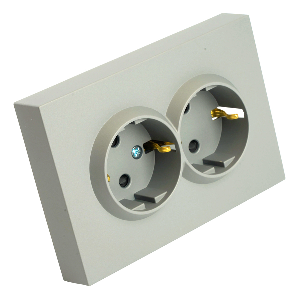 Розетка 2-местная с защитной шторкой, STEKKER, с/з, 250В, 16А, серия Эмили, RST16-5114-10, платиново-серый, soft touch 49960