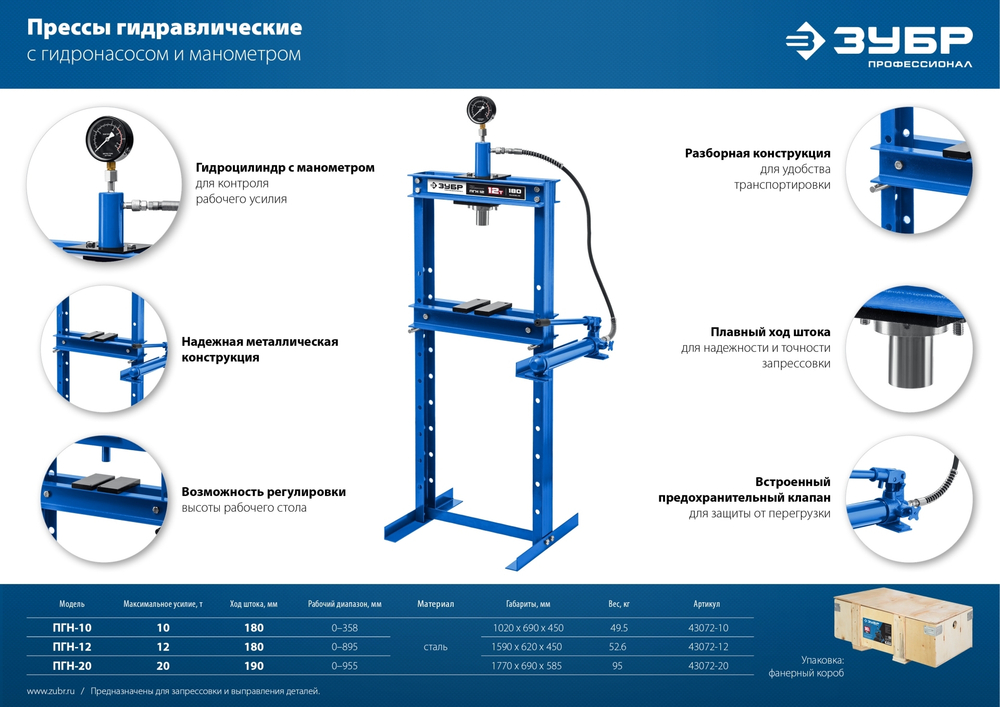 ЗУБР ПГН-12 12т пресс гидравлический с гидронасосом и манометром, Профессионал
