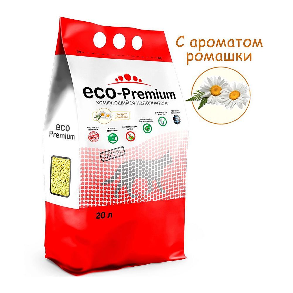 Наполнитель ECO Premium с Экстрактом ромашки для кошачьего туалета, древесный, комкующийся, пакет 20 л