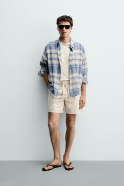 ZARA ШОРТЫ RELAXED FIT ИЗ ХЛОПКА И ЛЬНА, СВЕТЛО-БЕЖЕВЫЙ