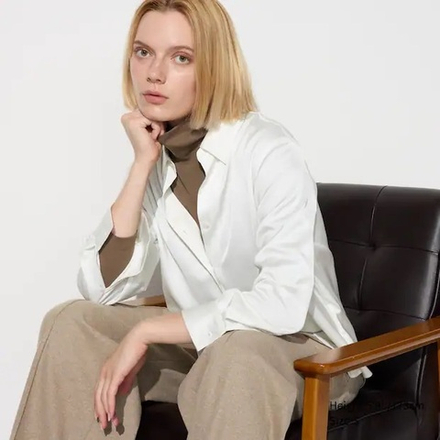 UNIQLO АТЛАСНАЯ БЛУЗКА С ДЛИННЫМИ РУКАВАМИ, ЖЕЛТОВАТО-БЕЛЫЙ