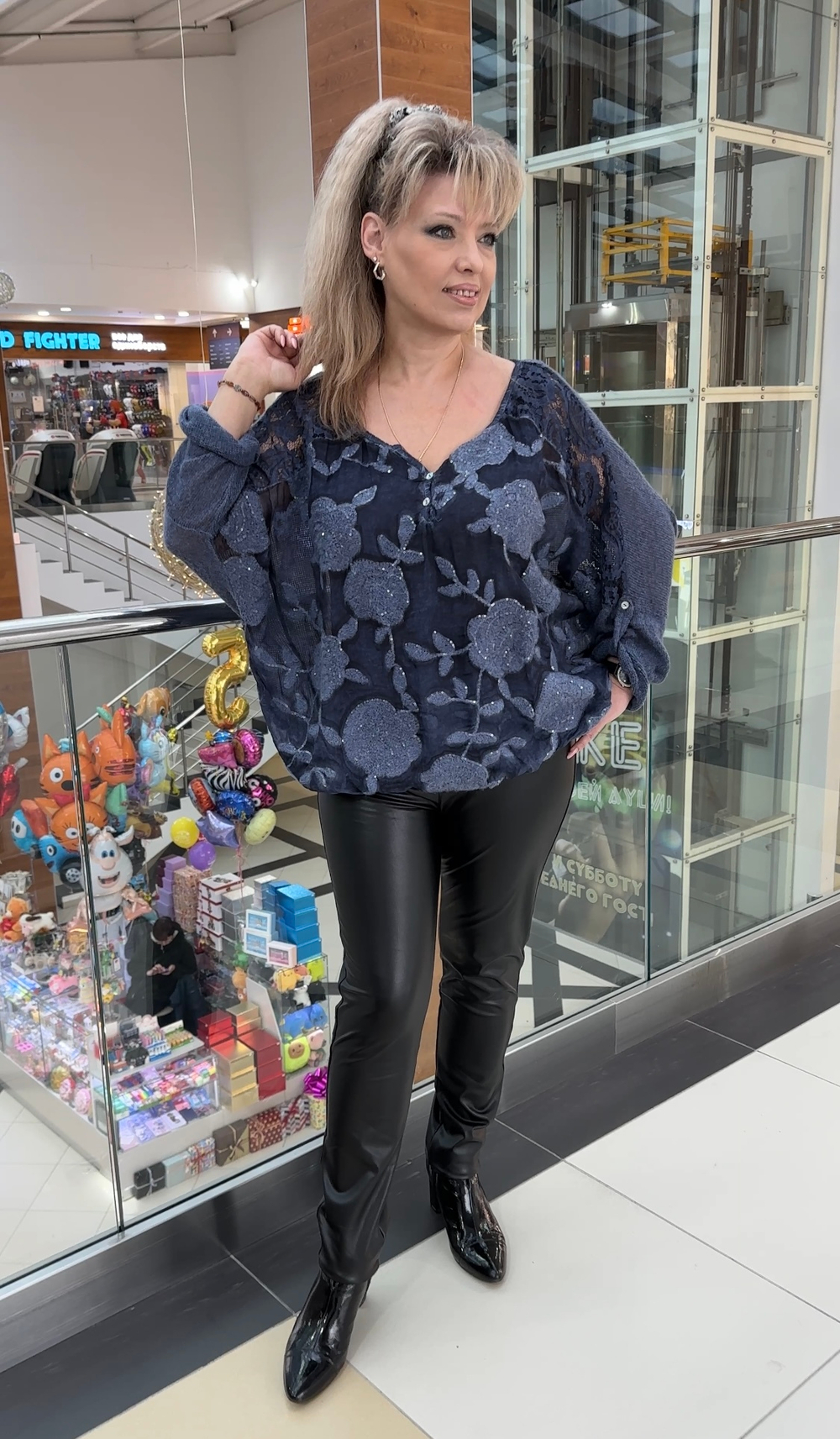 Двойной итальянский блузон с кружевами в джинсовом цвете