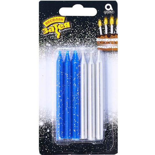 Свечи д/торта сереб/син блеск 8см 12шт