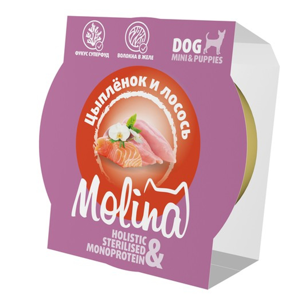 Ламистер для взрослых собак мини-пород Molina цыпленок и лосось в желе, 75 г