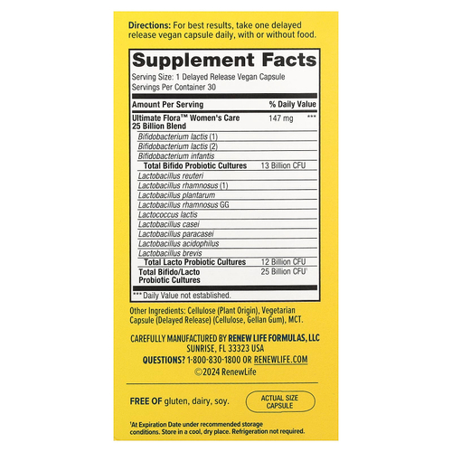Renew Life, Women's Care, пробиотик Ultimate Flora™, 25 млрд КОЕ, 30 веганских капсул с отсроченным высвобождением