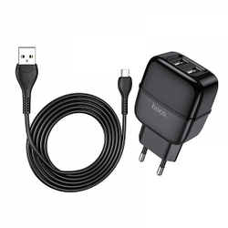 Сетевое зарядное устройство с кабелем MicroUSB 2.4A 2-USB Hoco C77A Черный