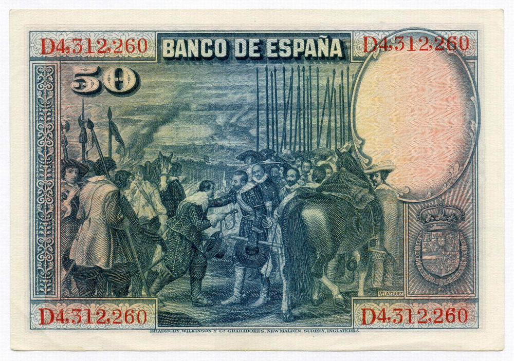 Банкнота Испания 50 песет 1928 год D4,312,260. XF