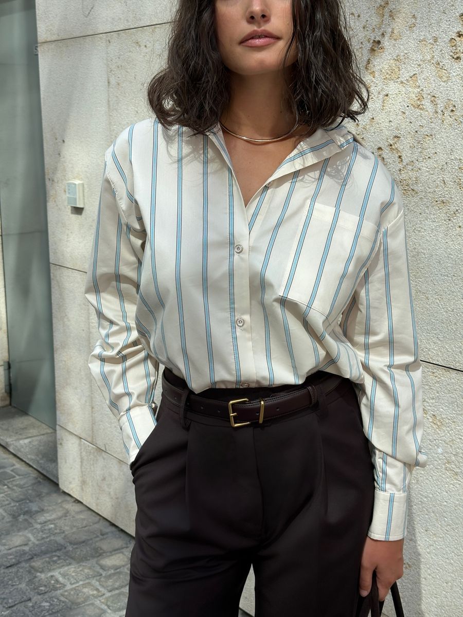 Рубашка из хлопка в бежево-голубую полоску