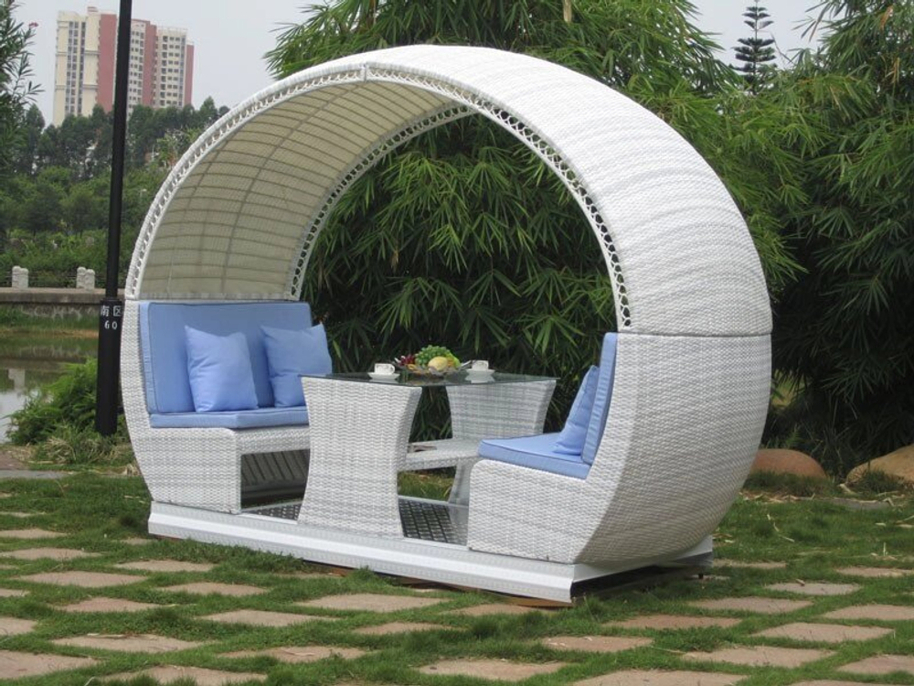 Маятниковые качели со столом Derong из искусственного ротанга, белый|серый